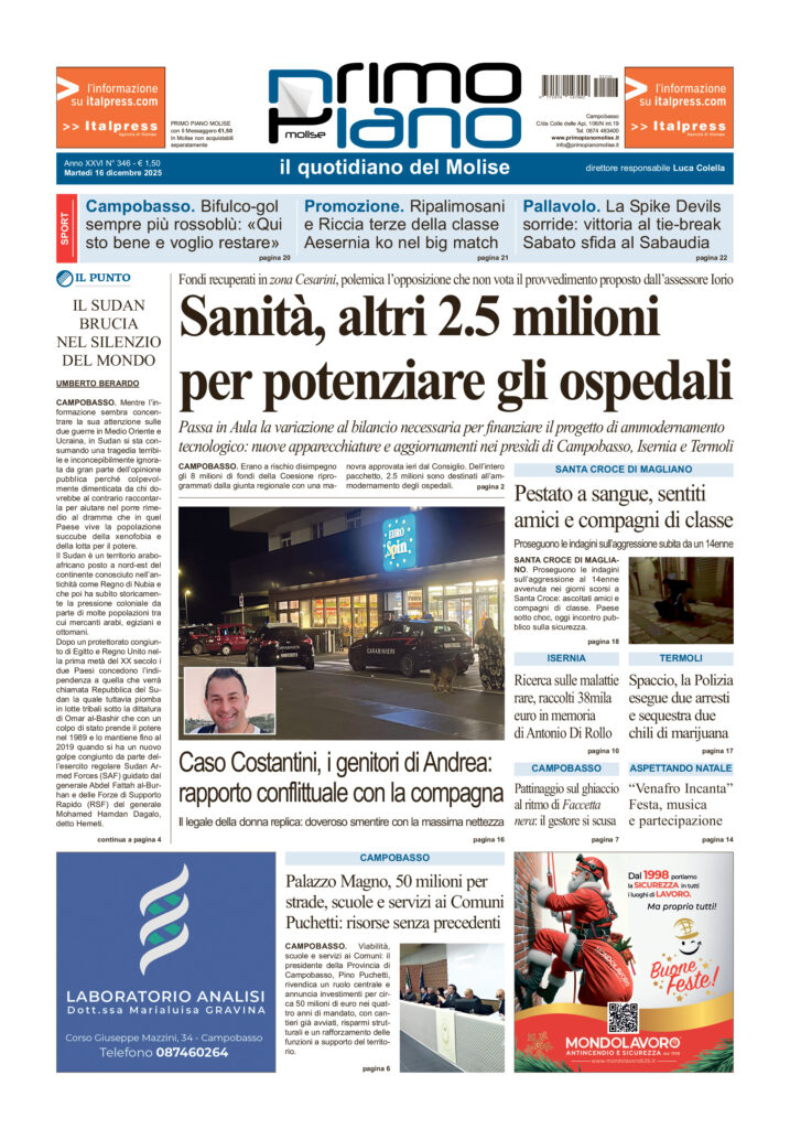 La prima pagina dell’edizione in edicola oggi