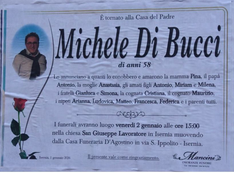 Lutto a Isernia, addio a Michele Di Bucci: comunità unita nel dolore