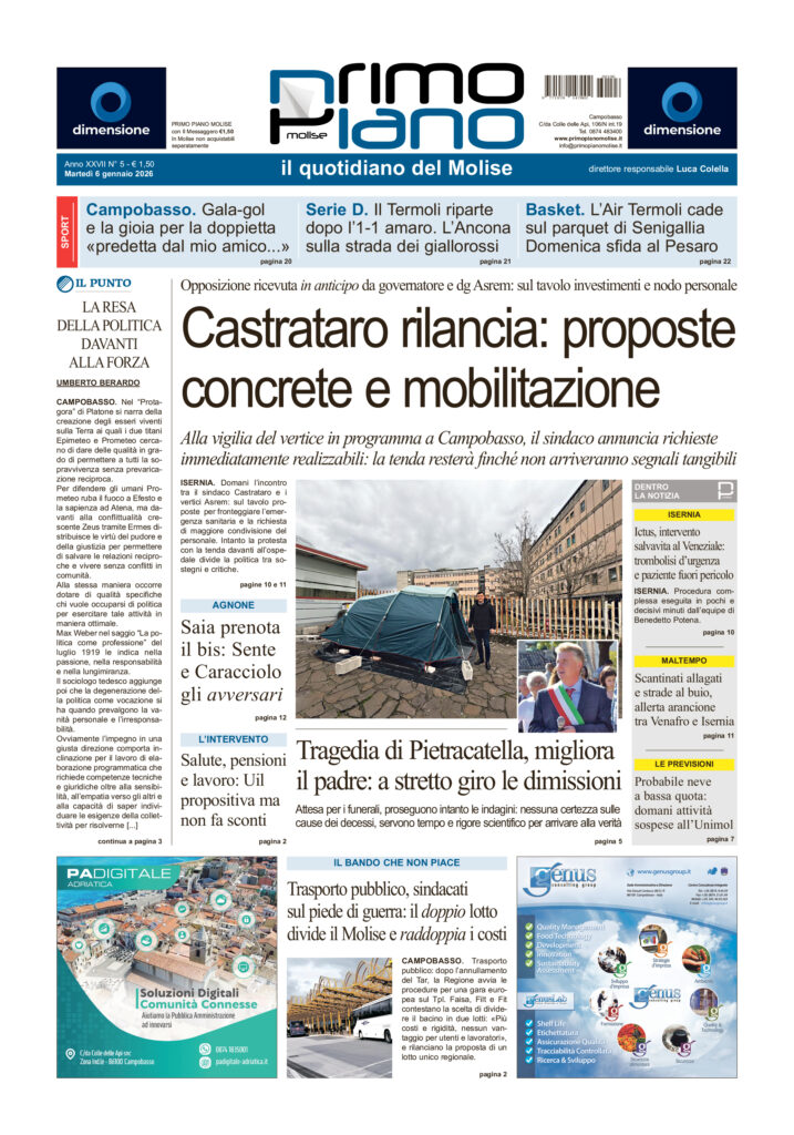 La prima pagina dell’edizione in edicola oggi