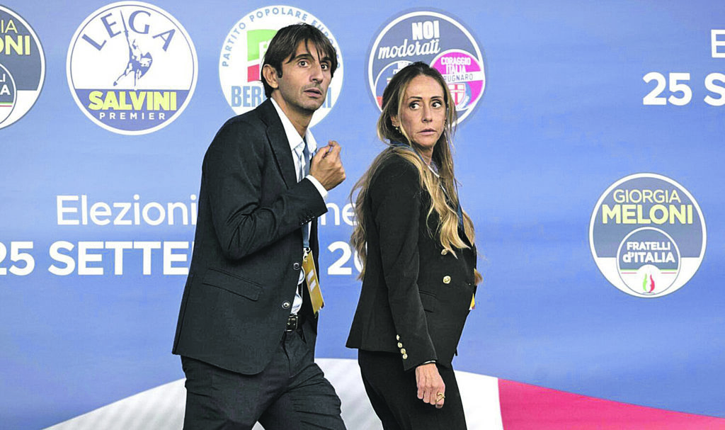 Rome, Italy - September 22, 2022 Italy’s centre- right coalition closing campaign rally in Rome . In the picture Giovanni Donzelli , member of Fratelli d’Italia , and Arianna Meloni , sister of Giorgia Meloni