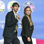 Rome, Italy - September 22, 2022 Italy’s centre- right coalition closing campaign rally in Rome . In the picture Giovanni Donzelli , member of Fratelli d’Italia , and Arianna Meloni , sister of Giorgia Meloni