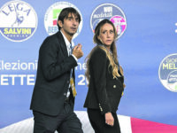 Rome, Italy - September 22, 2022 Italy’s centre- right coalition closing campaign rally in Rome . In the picture Giovanni Donzelli , member of Fratelli d’Italia , and Arianna Meloni , sister of Giorgia Meloni