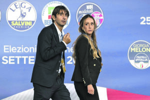 Rome, Italy - September 22, 2022 Italy’s centre- right coalition closing campaign rally in Rome . In the picture Giovanni Donzelli , member of Fratelli d’Italia , and Arianna Meloni , sister of Giorgia Meloni