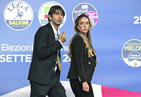 Rome, Italy - September 22, 2022 Italy’s centre- right coalition closing campaign rally in Rome . In the picture Giovanni Donzelli , member of Fratelli d’Italia , and Arianna Meloni , sister of Giorgia Meloni