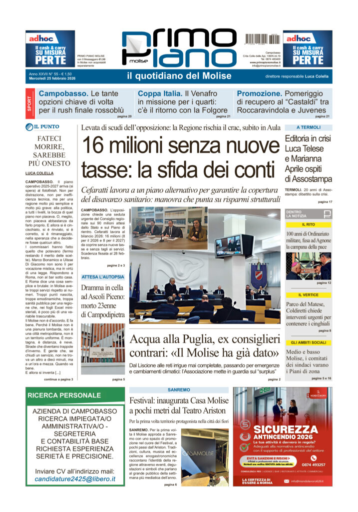 La prima pagina dell’edizione in edicola oggi