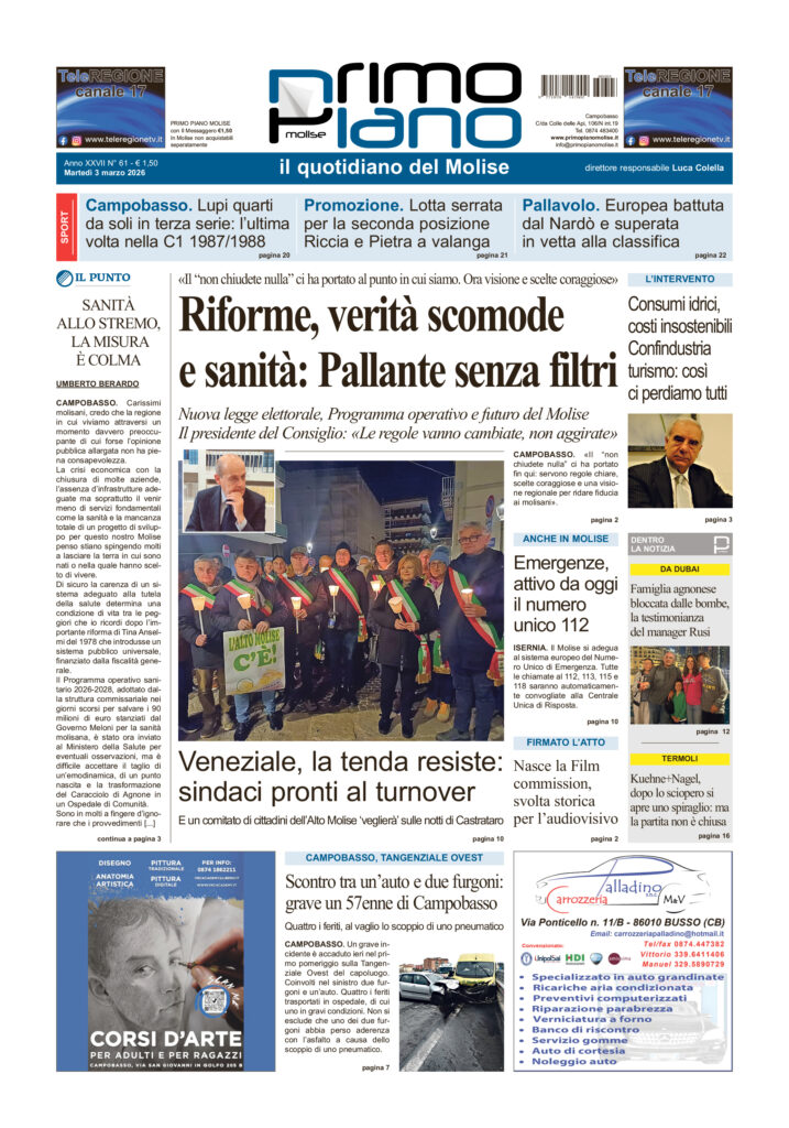 La prima pagina dell’edizione in edicola oggi
