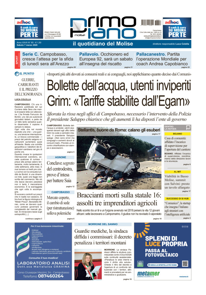La prima pagina dell’edizione in edicola oggi