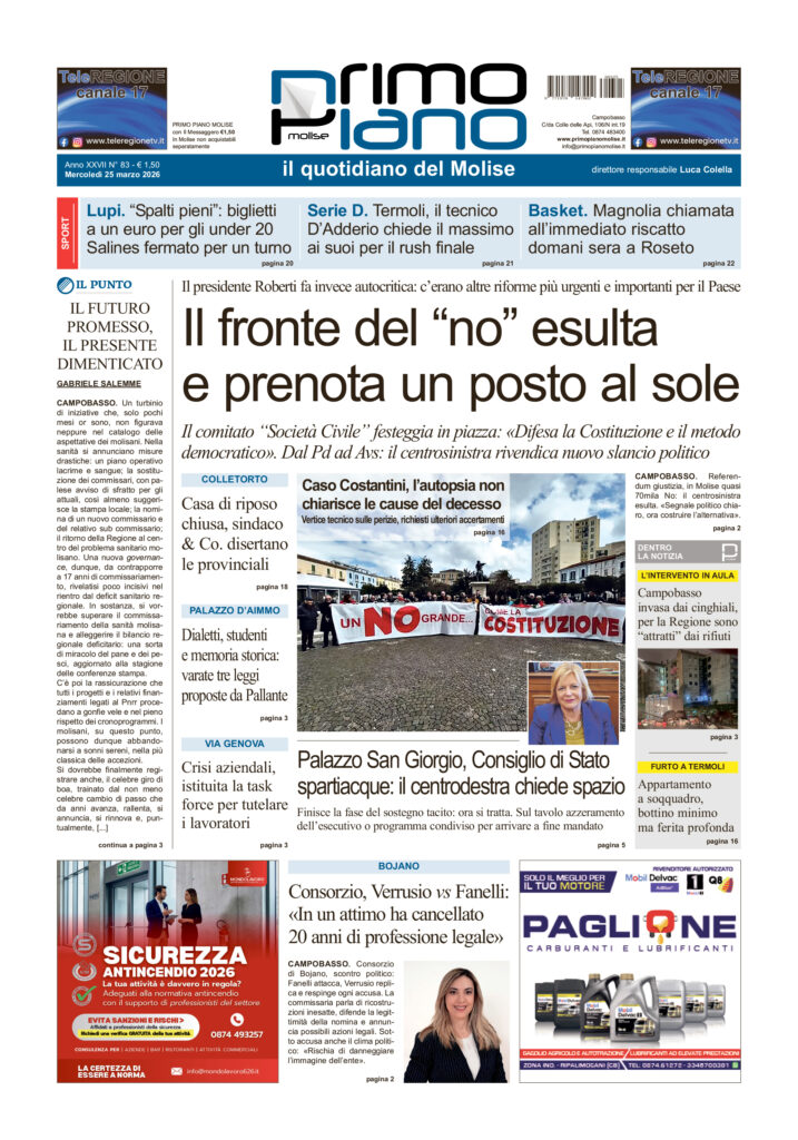 La prima pagina dell’edizione in edicola oggi