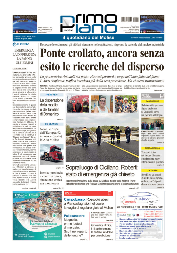 La prima pagina dell’edizione in edicola oggi