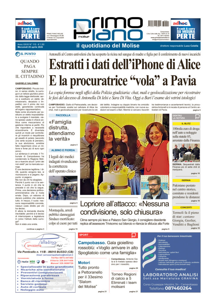 La prima pagina dell’edizione in edicola oggi